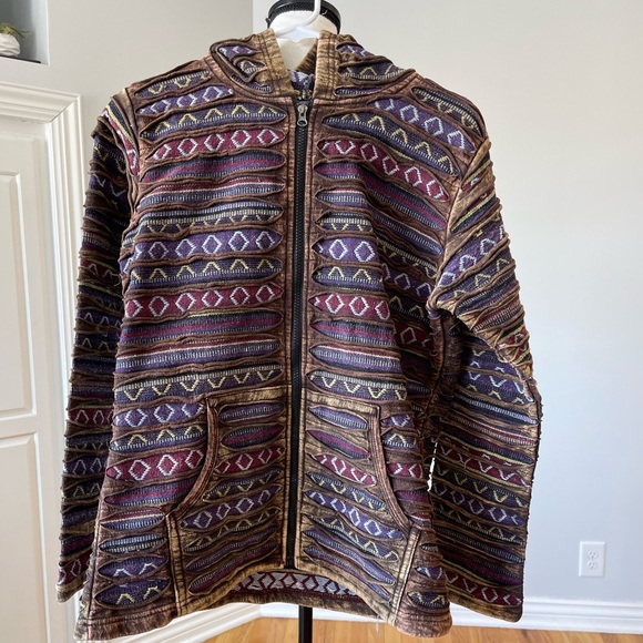 Women's made in Nepal ripped razor cut hoodie zippered front jacket Y2K size L - Picture 1 of 12